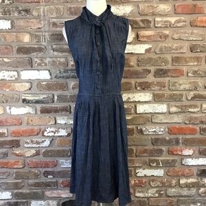 eShakti Women's Chambray Denim Blue Sleeveless Tie Neck Midi Dress